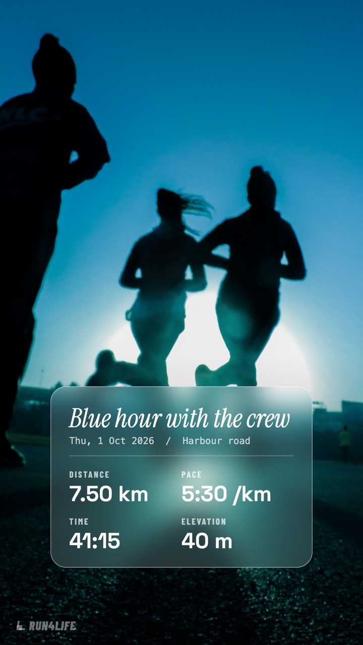 Example story “Blue hour with the crew” using the Frosted card overlay