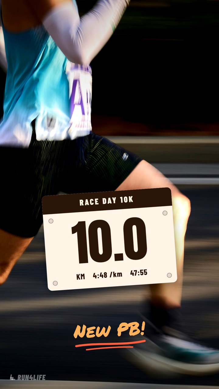 Example story “Race day 10K” using the Race bib overlay